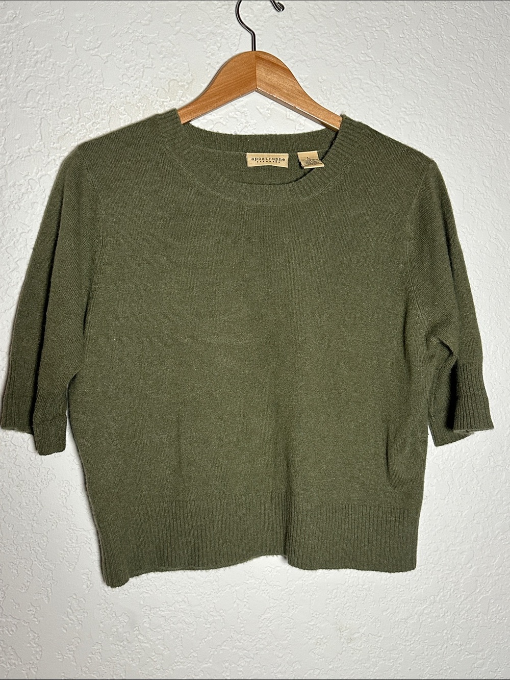 Apostrophe Olive Green Short Sleeve Cashmere Sweater Preppy Classic